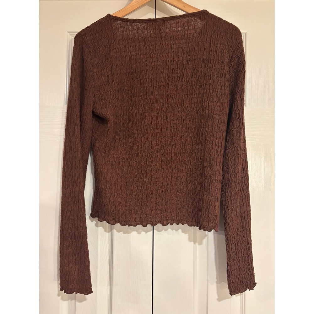 H&M Textured Jersey Top Brown V-Neck Gold Button Front Long Sleeves Women's L - Picture 6 of 7